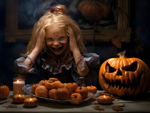 Una niña con una calabaza y una vela vestida para halloween.