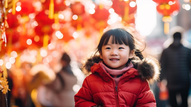 Niña en la calle decorada del Año Nuevo Chino