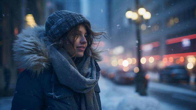 Foto niña en una calle fría de invierno