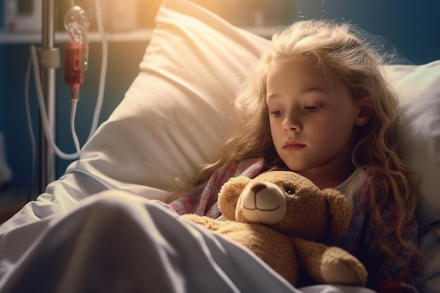 Una niña en una cama de hospital con un goteo en la mano.