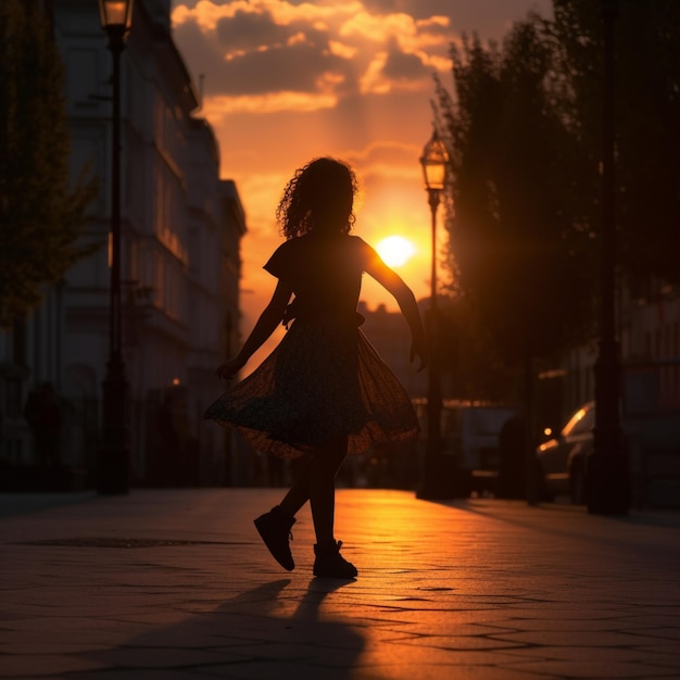 Una niña camina por una calle frente a una puesta de sol.