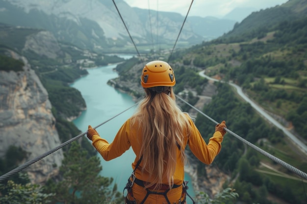 Una niña camina a lo largo de un puente colgante sobre un desfiladero de montaña con una balsa sosteniendo el cable con sus manos