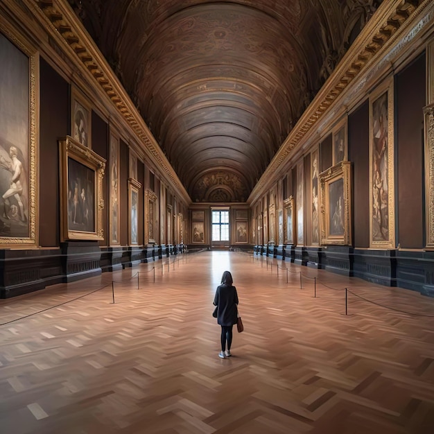 Una niña camina por un museo con pinturas en las paredes.