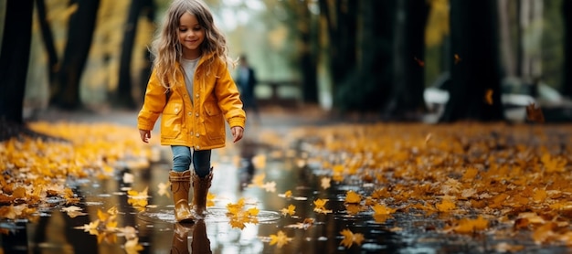 niña camina en el parque de otoño con un impermeable Generative AI