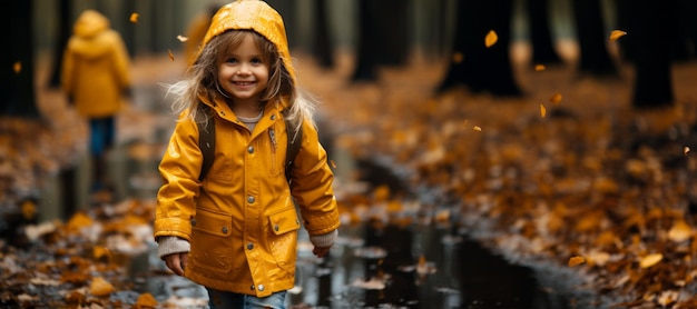 niña camina en el parque de otoño con un impermeable Generative AI