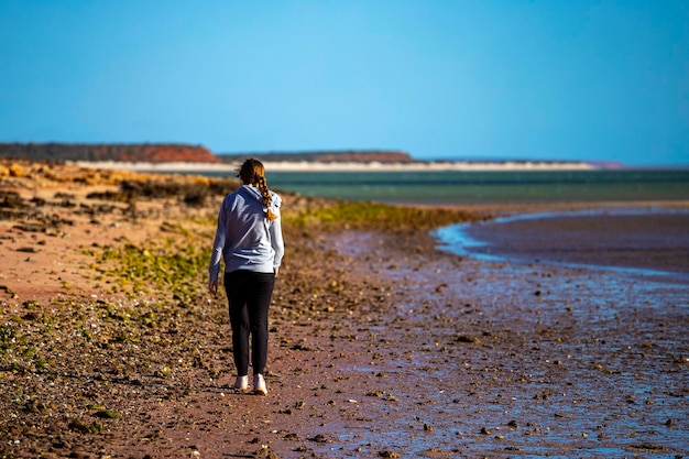 niña camina en la playa de arena roja con acantilados rojos en el fondo, terra rosa en australia