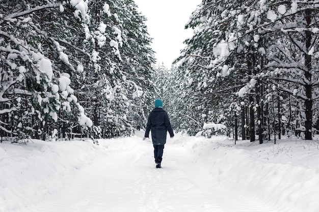 Una niña camina en la vista posterior del bosque nevado de invierno