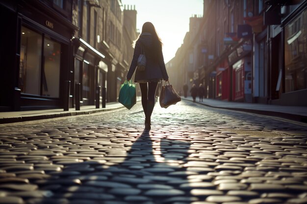 Foto niña caminando con bolsas en una calle pavimentada