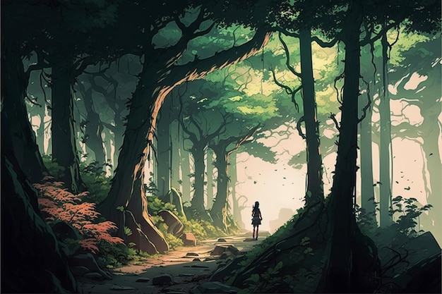Una niña caminando por un bosque con una luz entre los árboles.