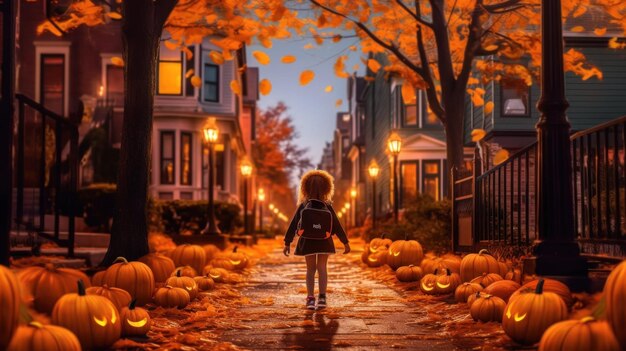 Una niña caminando por una calle con calabazas imagen generativa de ai