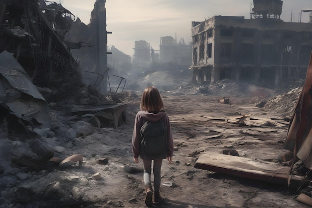 Una niña caminando por la calle en la ciudad destruida