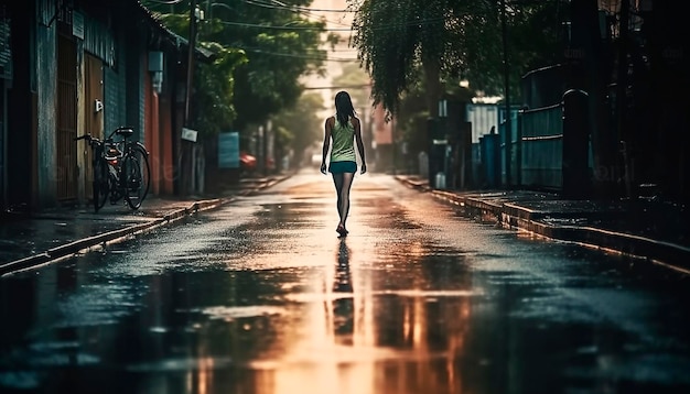 Una niña caminando por un camino mojado bajo la lluvia