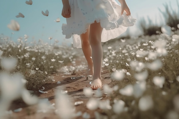 Una niña caminando en un campo de flores.