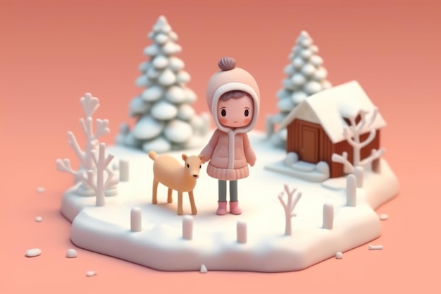 Una niña caminando en el concepto de temporada de invierno 3d Pequeña y linda IA generativa isométrica