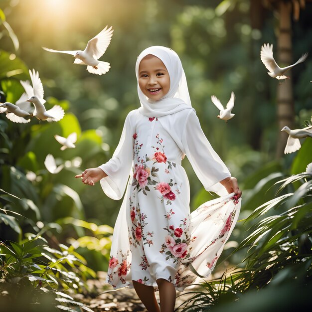 Una niña caminando en la jungla de pájaros