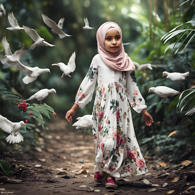 Una niña caminando en la jungla de pájaros