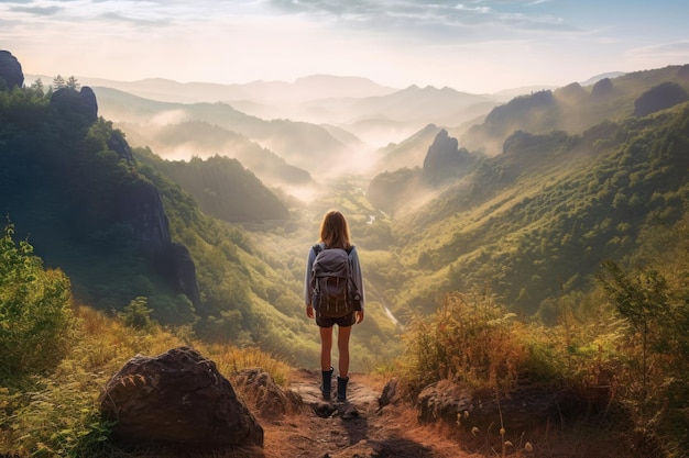 Niña caminando por las montañas de la mañana