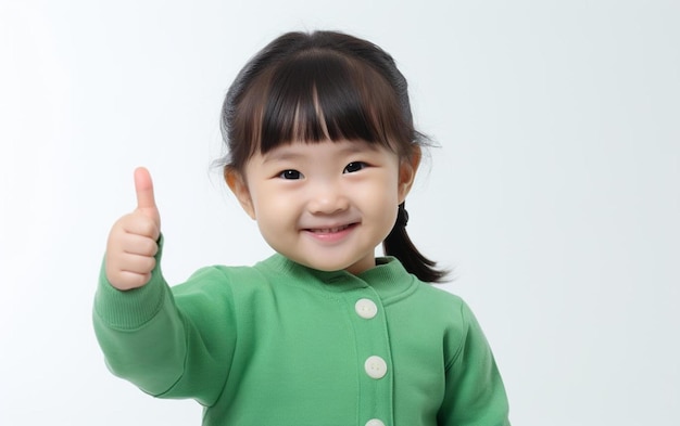 Una niña con una camisa verde que dice "feliz".