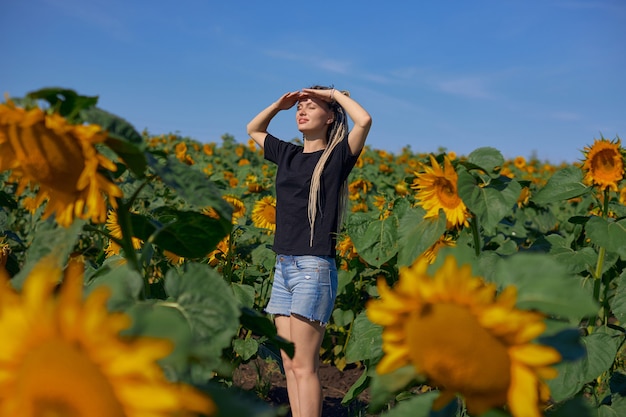 Una niña con una camiseta negra y pantalones cortos de mezclilla se encuentra en un campo con girasoles y mira ...