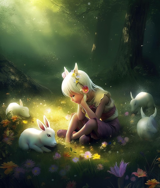 Una niña en un campo con conejos y un árbol con la palabra conejo.