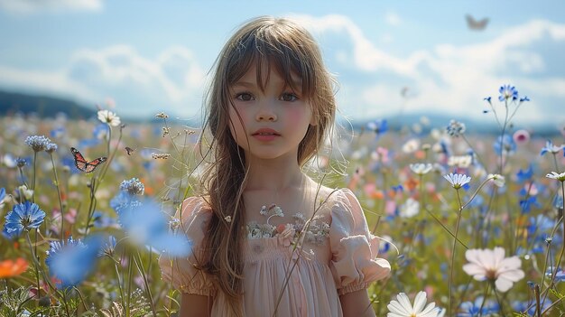 una niña en un campo de flores con el sol brillando en su cara