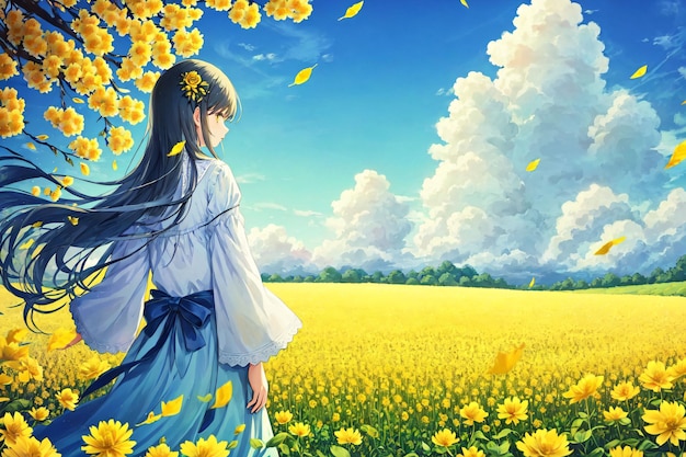 Una niña en un campo de flores.