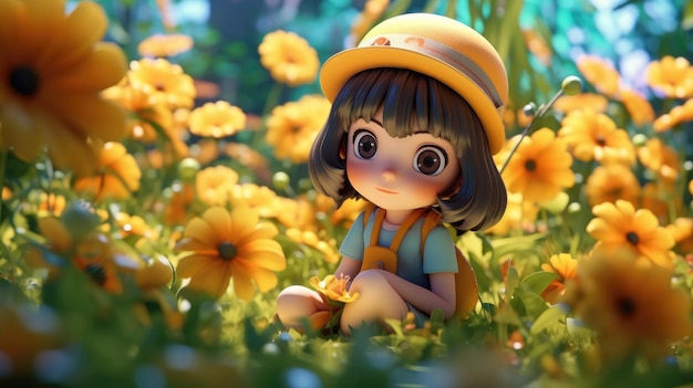 Una niña en un campo de flores.