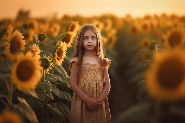 Foto niña en el campo de girasoles generada por la ia