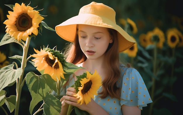 Una niña en un campo de girasoles con un sombrero de girasol amarillo