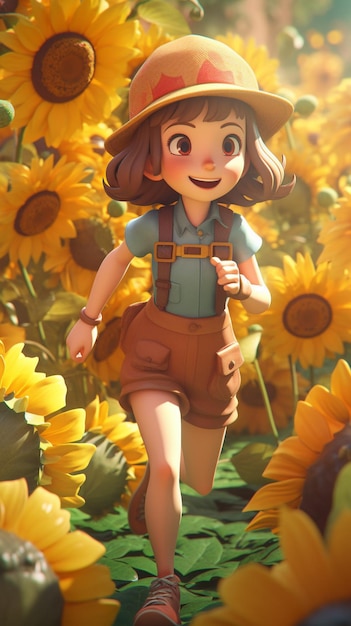 Una niña en un campo de girasoles.