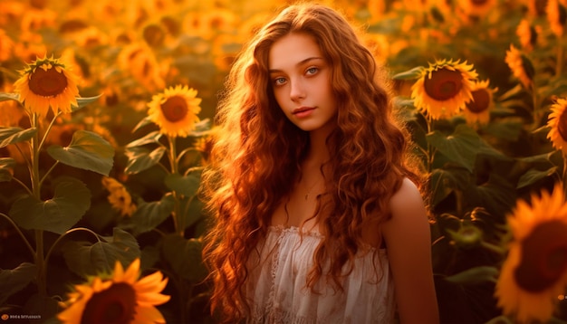 Una niña en un campo de girasoles.