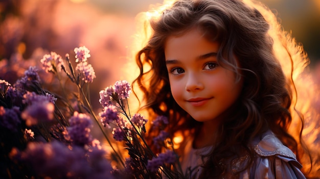 niña en un campo de lavanda puesta de sol de verano