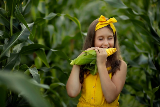 niña se para en un campo de maíz y come maíz amarillo