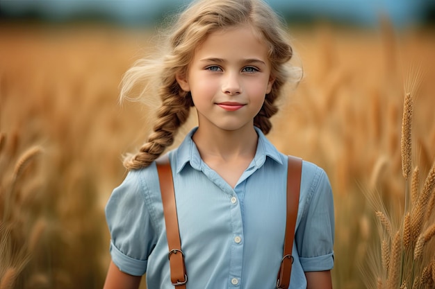 Una niña en un campo de trigo.