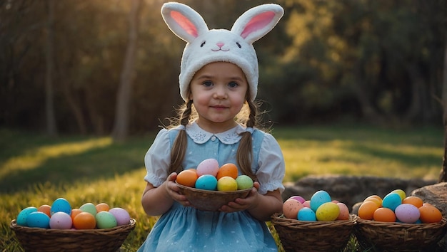 una niña con una canasta de huevos de Pascua con un sombrero de conejo