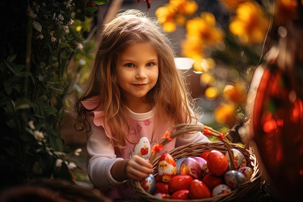 Una niña con una canasta llena de huevos