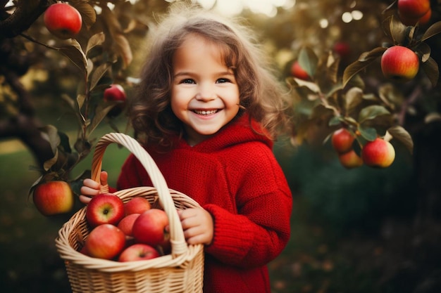 una niña con una canasta de manzanas en las manos