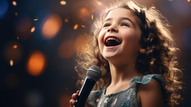 Foto niña cantando frente a un micrófono en un concierto por la noche