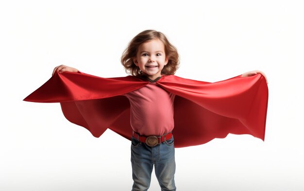 Foto niña con capa roja y vaqueros