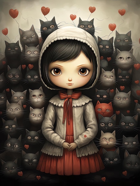 una niña con una capucha en la cabeza sostiene un montón de gatos.
