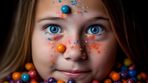 Una niña con la cara cubierta de dulces.