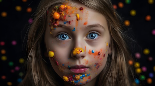 Una niña con la cara cubierta de pintura y rociada en la cara.
