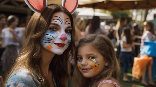 Una niña con cara de gato pintada de azul y naranja.