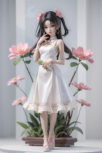 Una niña con una cara linda en un vestido blanco de pie en un fondo de flores