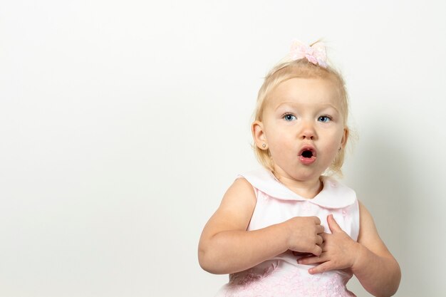 Niña con cara de sorpresa sobre un fondo claro.