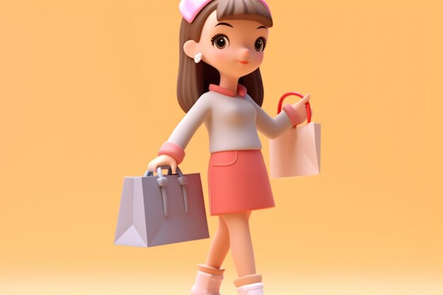 Una niña y un carrito de compras concepto de compras 3d Pequeña y linda IA generativa isométrica