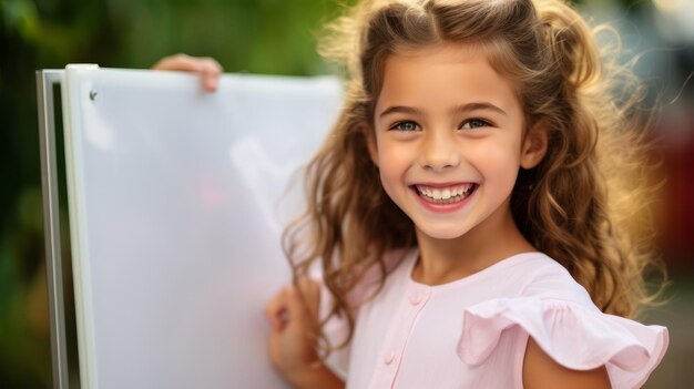 Niña con un cartel en blanco y una sonrisa dentada