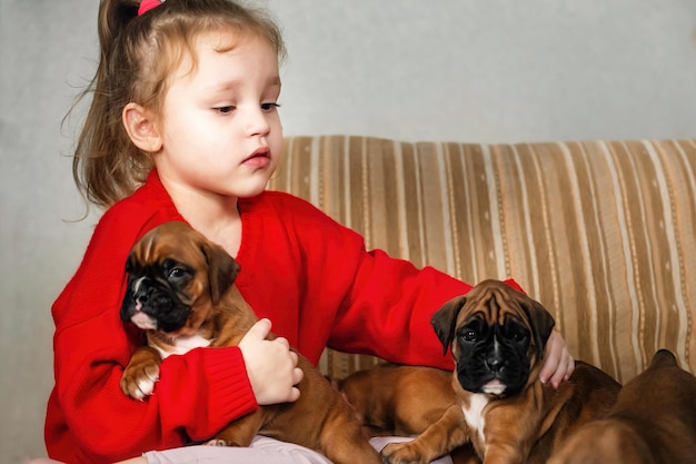 niña en casa en el sofá jugando con cachorritos