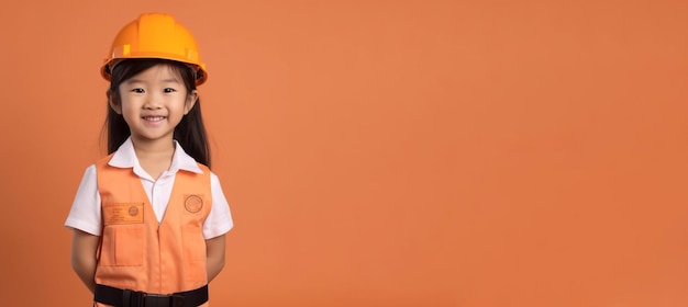 Una niña con un casco naranja sostiene un cartel que dice "soy una niña"
