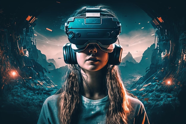 Una niña con un casco de realidad virtual se para frente a una montaña.